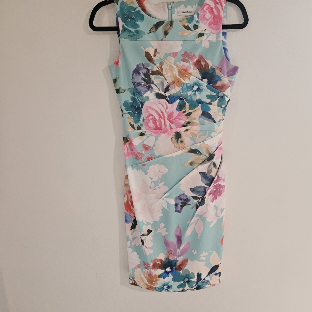 Calvin Klein 2 Floral Knee Length Sleeveless Dress Ruched Midi Sheath Pink Blue